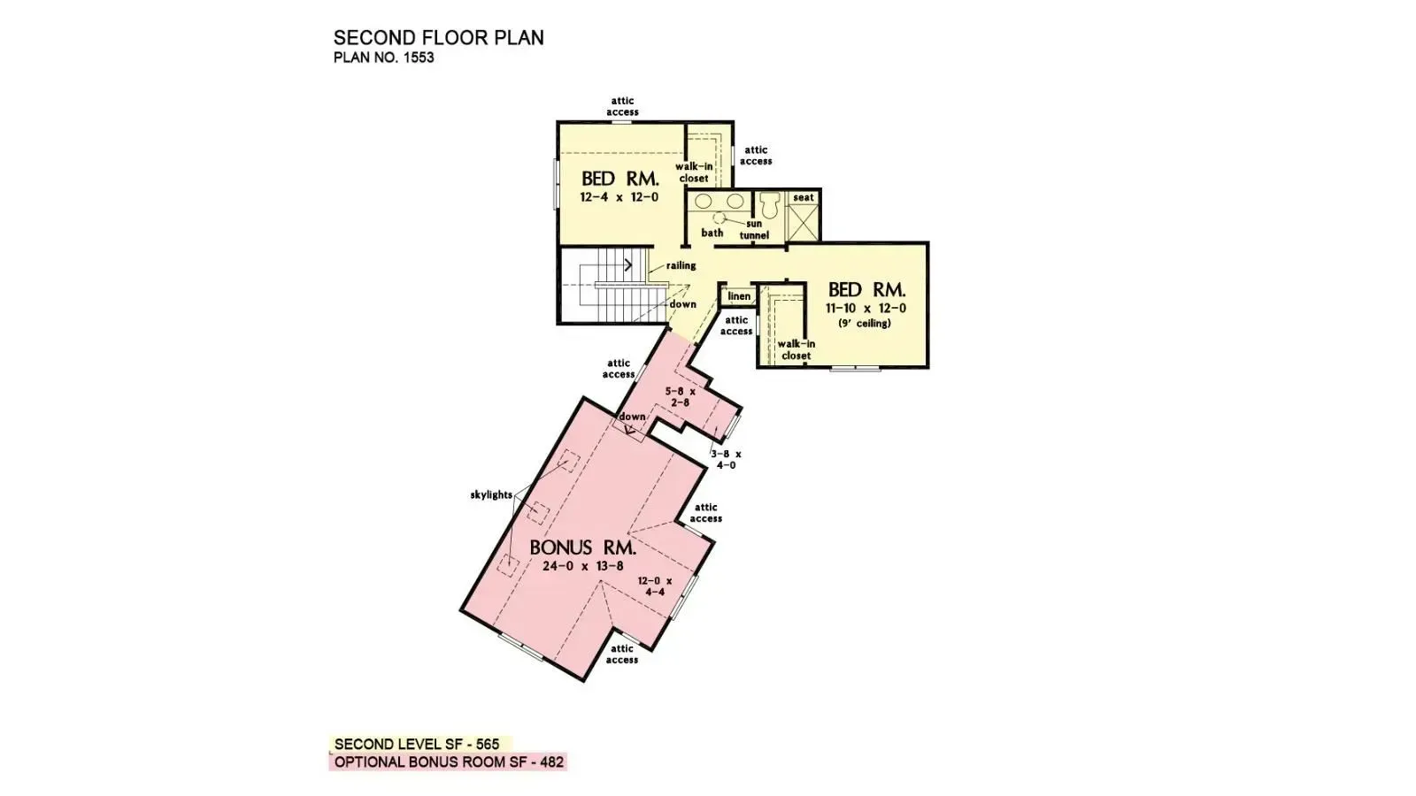 Floor plan of a house with a bonus room in pink and bedrooms in yellow.