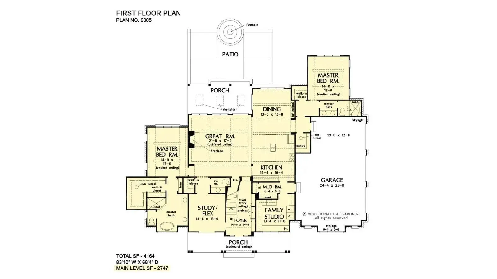Floor plan of a house, first floor. Shows rooms, porch, patio, and garage.