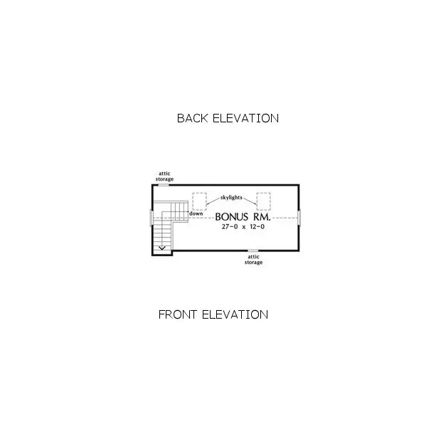 Floor plan showing a bonus room with stairs and storage. Back and front elevations are noted.