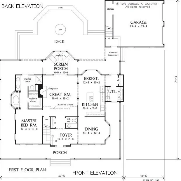 Floor plan of a house with a garage, deck, porch, great room, and multiple bedrooms.
