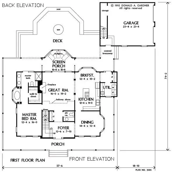 Floor plan of a house with a garage, deck, porch, and rooms labeled, with front and back elevations.
