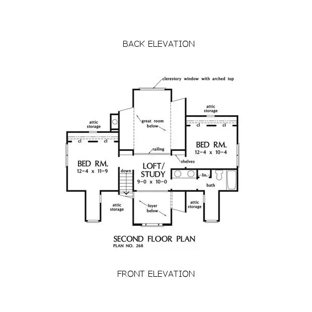 Second floor plan of a house with bedrooms, loft/study, and attic storage.