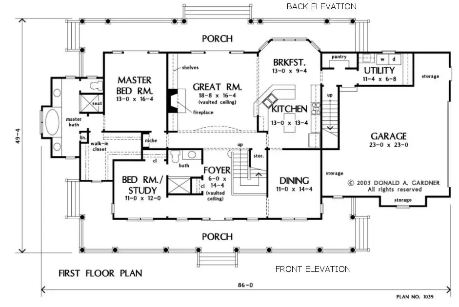 Floor plan of a house with rooms labeled: master bedroom, great room, kitchen, garage, dining, and porch.