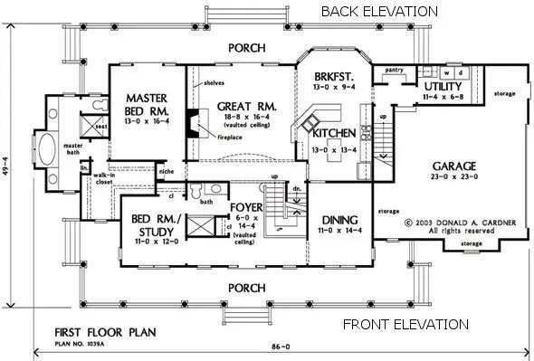 Floor plan of a house with rooms labeled, including a master bedroom, kitchen, garage, and porches.