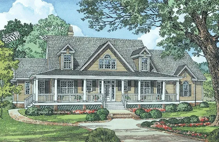 Country house with large wrap-around porch, dormers, and landscaping; gravel driveway.