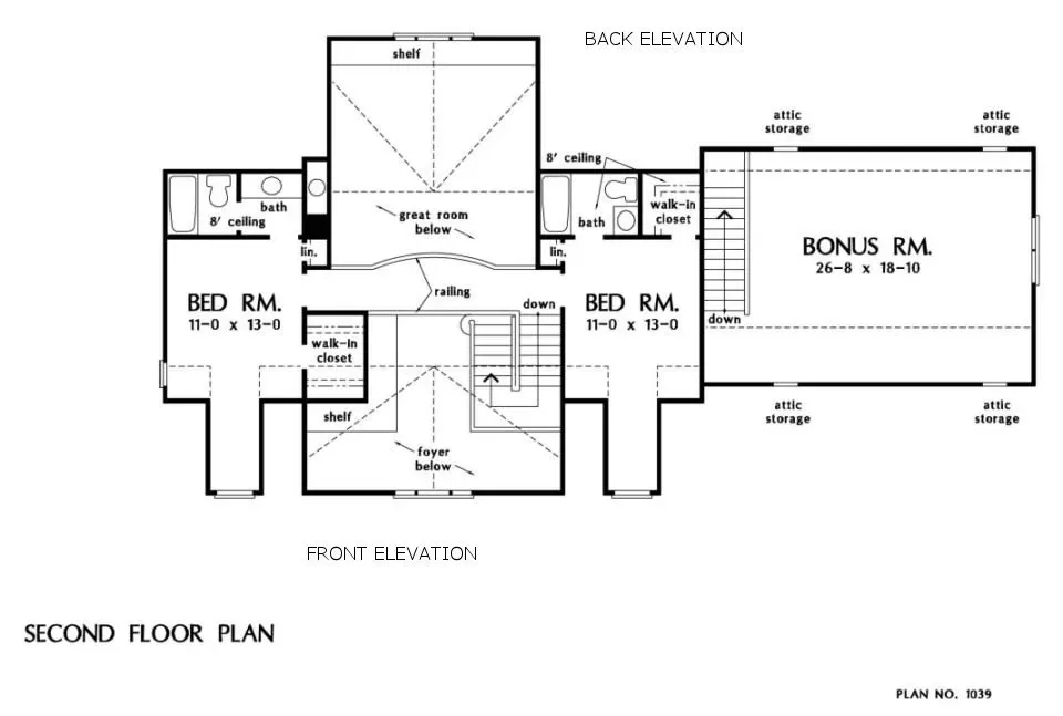 Second-floor plan of a house, with two bedrooms, a bonus room, and balcony.