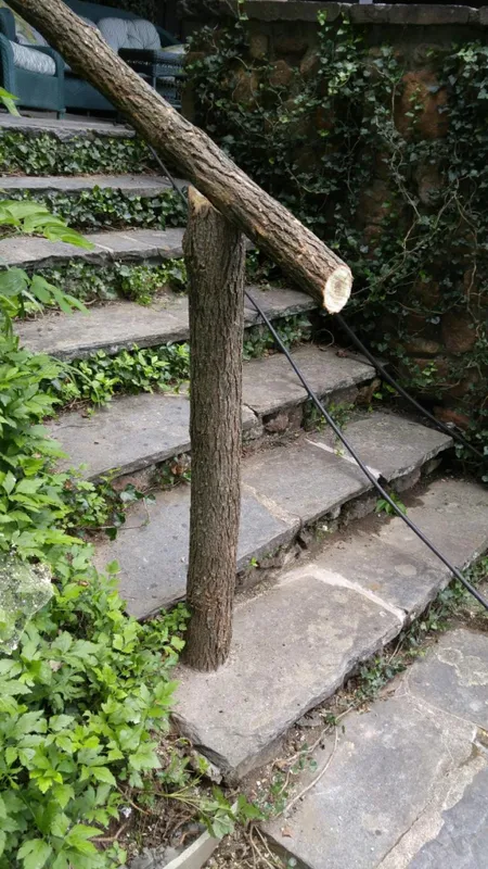 Stone steps with a rustic wooden handrail. Green plants grow alongside the stairs.