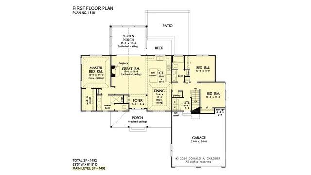 Floor plan of a house with a garage, bedrooms, porch, and deck.