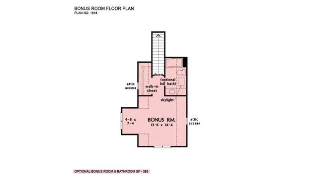Floorplan: Bonus room with stairs, closet, and bathroom. Pink walls, white background.