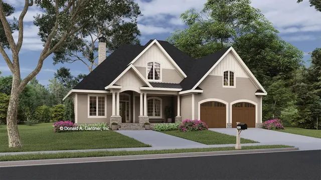 Two-story house with gray stucco, brown garage doors, a black roof, and a manicured lawn.
