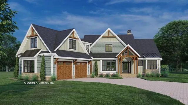 Exterior rendering of a modern house with a stone facade, wooden accents, and a long driveway.