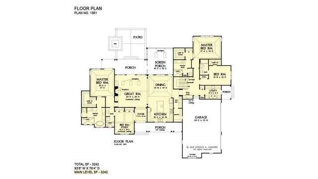 Floor plan of a house layout, including rooms, porch, garage and total square footage.
