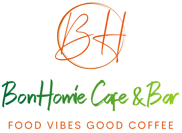 The logo for bon homie cafe & bar says food vibes good coffee