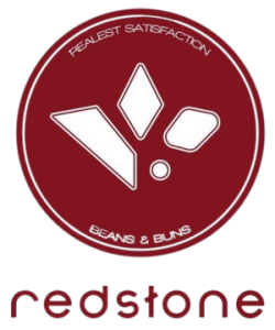 A logo for redstone beans and buns with a red circle