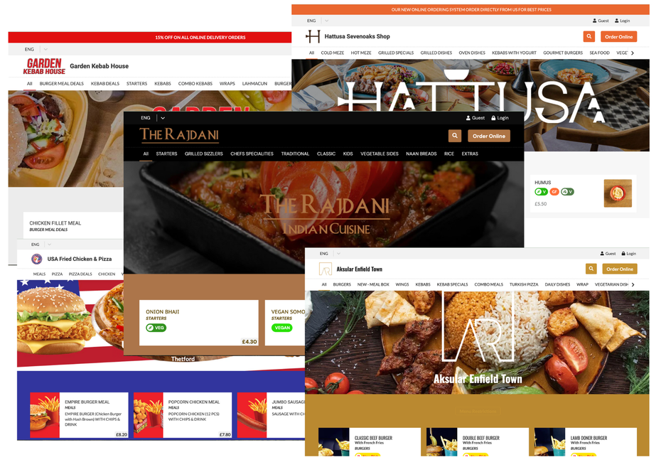 A collage of food websites including a hamburger and a pizza