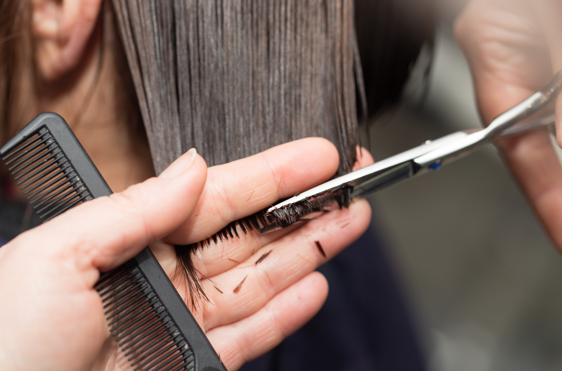 A woman is getting her hair cut by a hairdresser.