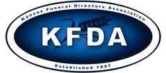 A blue and white logo for kansas funeral directors association
