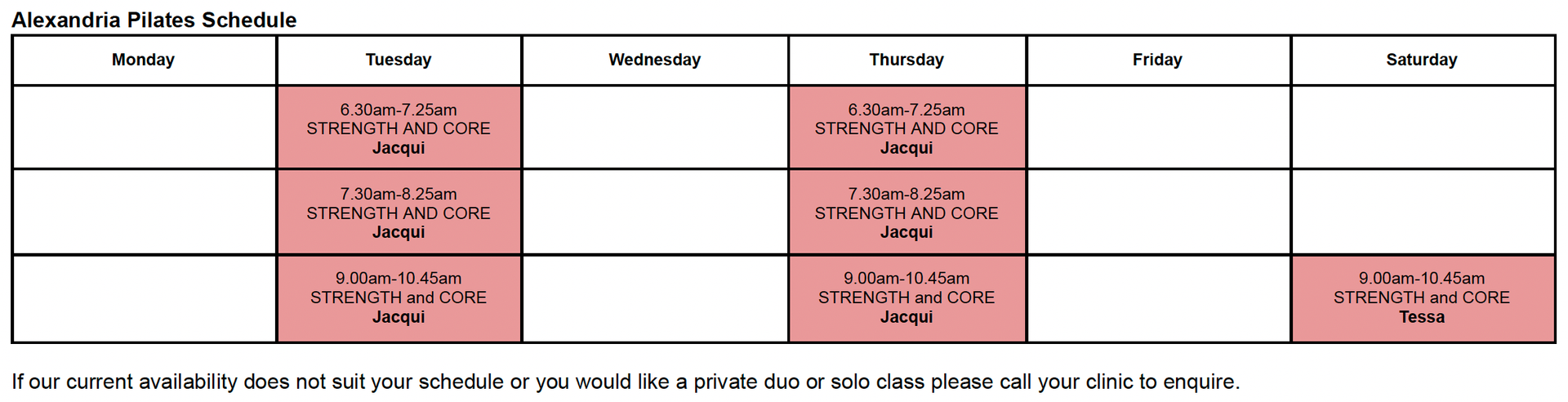 Alexandria Pilates Schedule