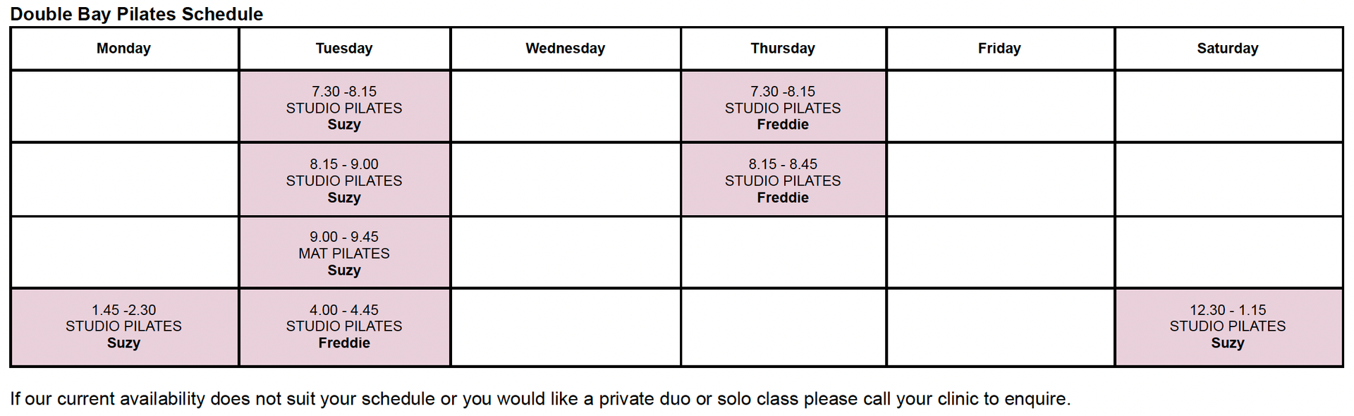 Double Bay Pilates Schedule