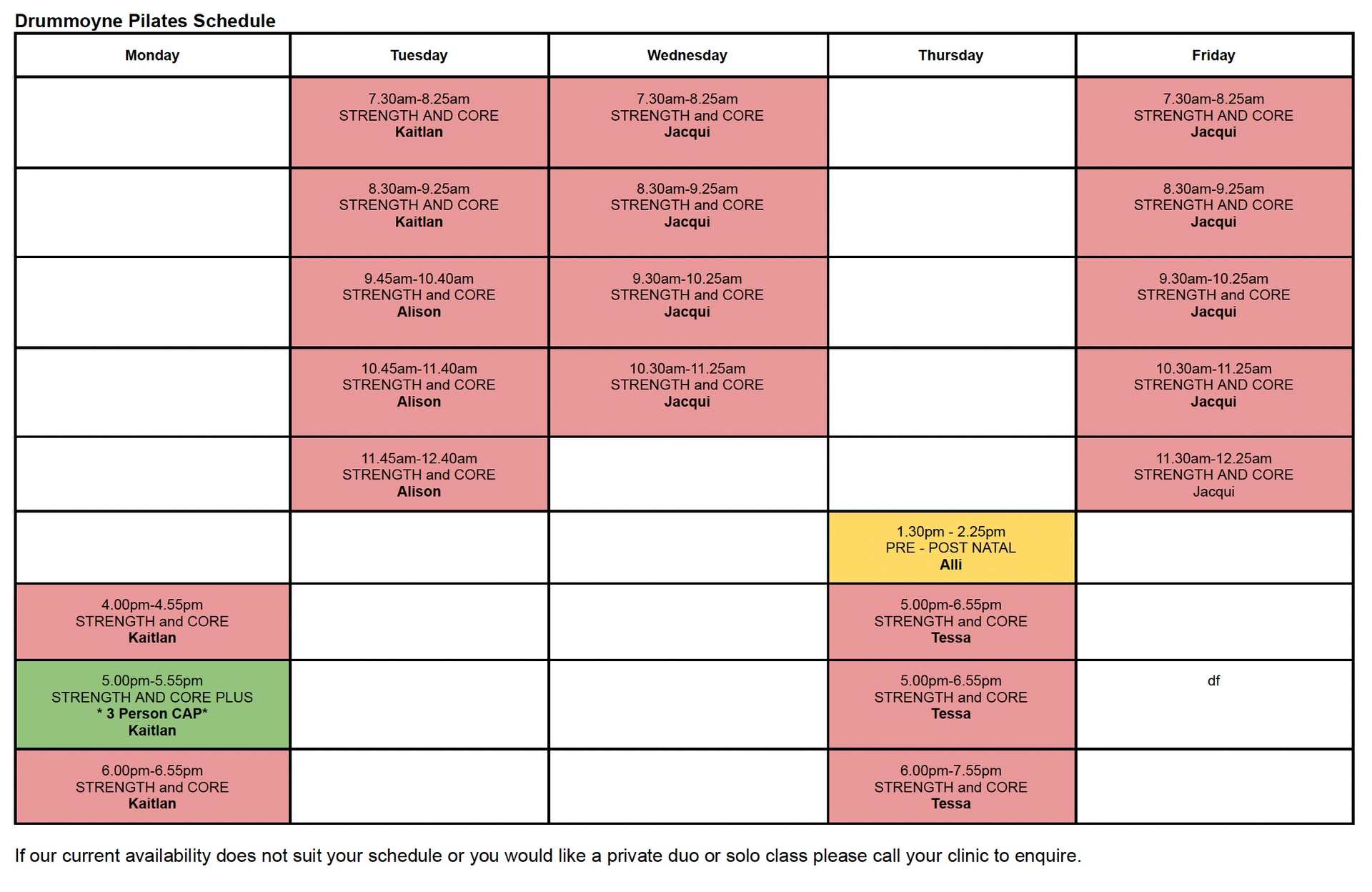 Drummoyne Pilates Schedule