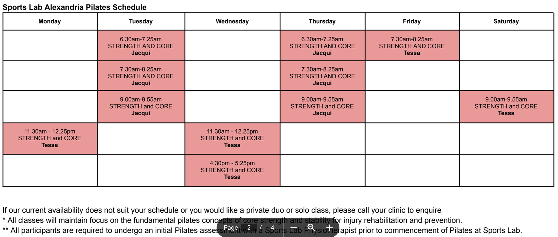 Alexandria Pilates Schedule