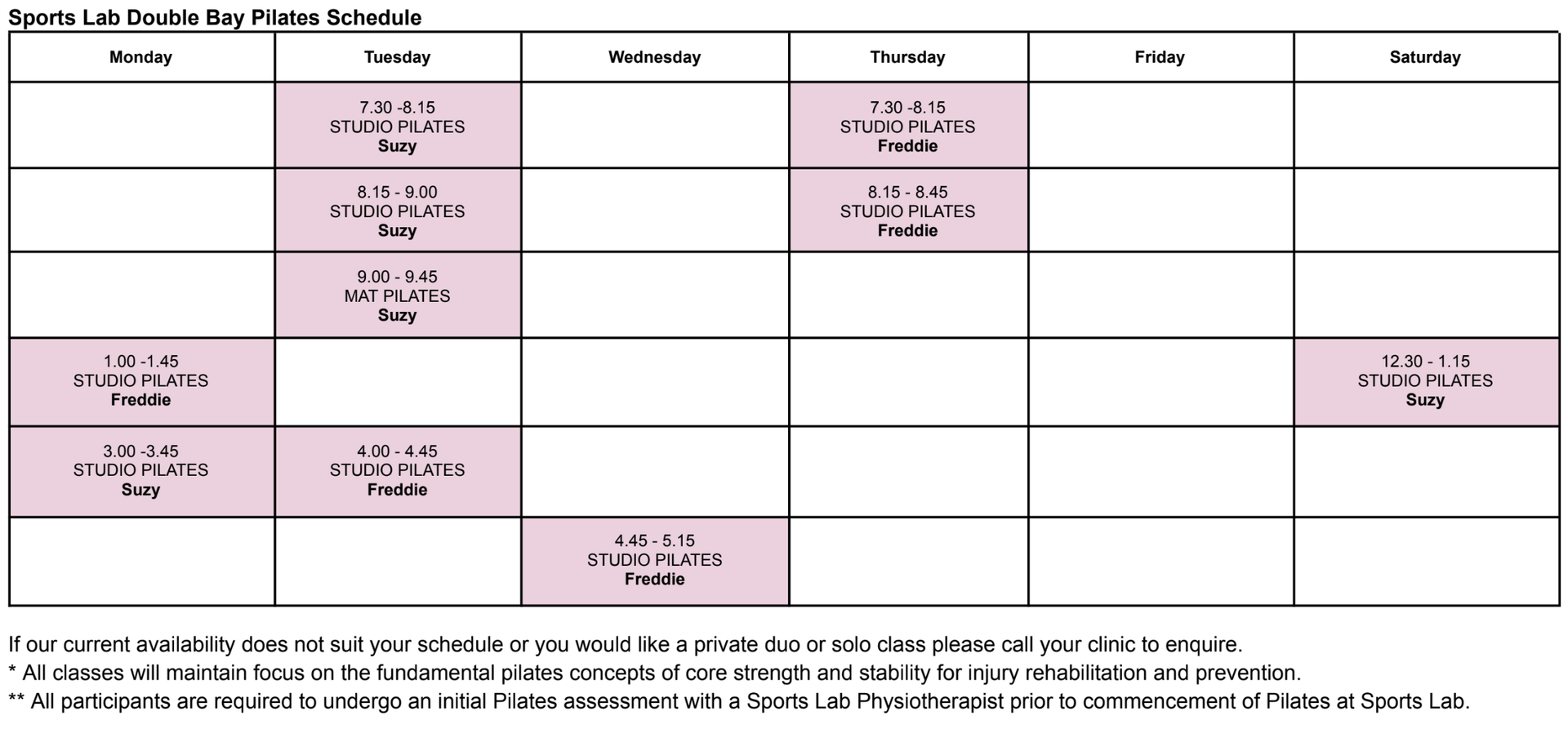 Double Bay Pilates Schedule