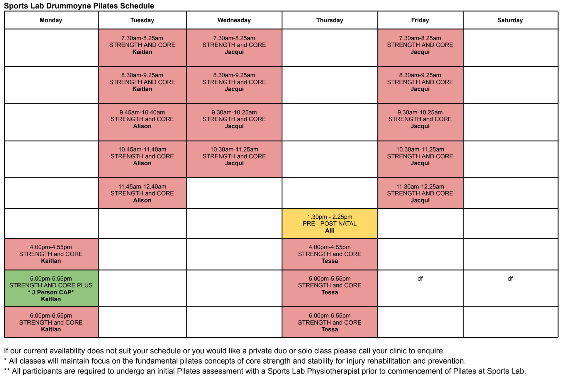 Drummoyne Pilates Schedule