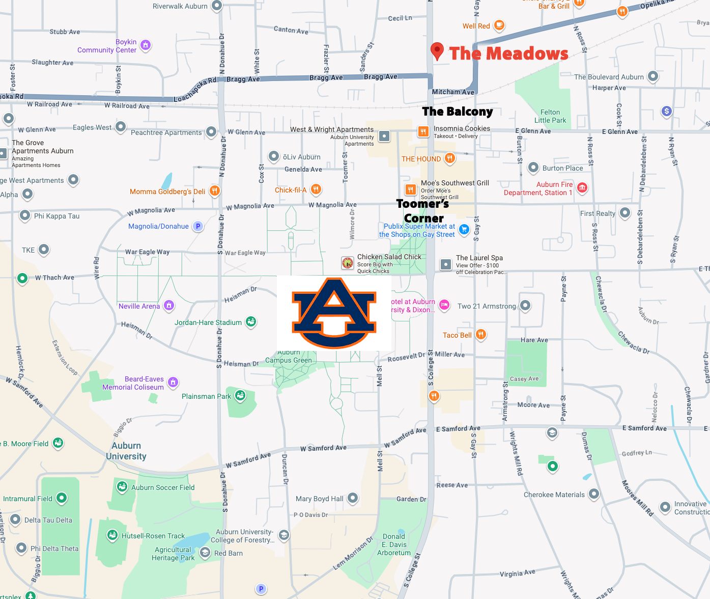 Map of Auburn, Alabama, with the Auburn University logo centered. 