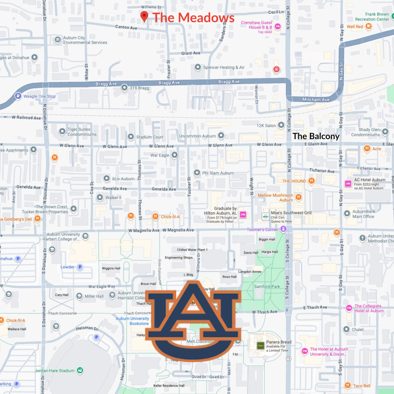 Map of Auburn, Alabama, with the Auburn University logo centered. 