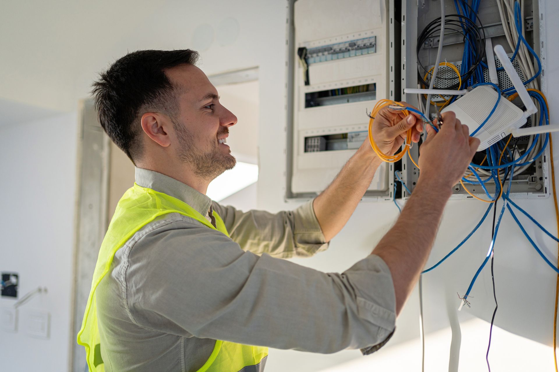 A Patriot Electrical Solutions technician in a yellow vest is working on an electrical box.