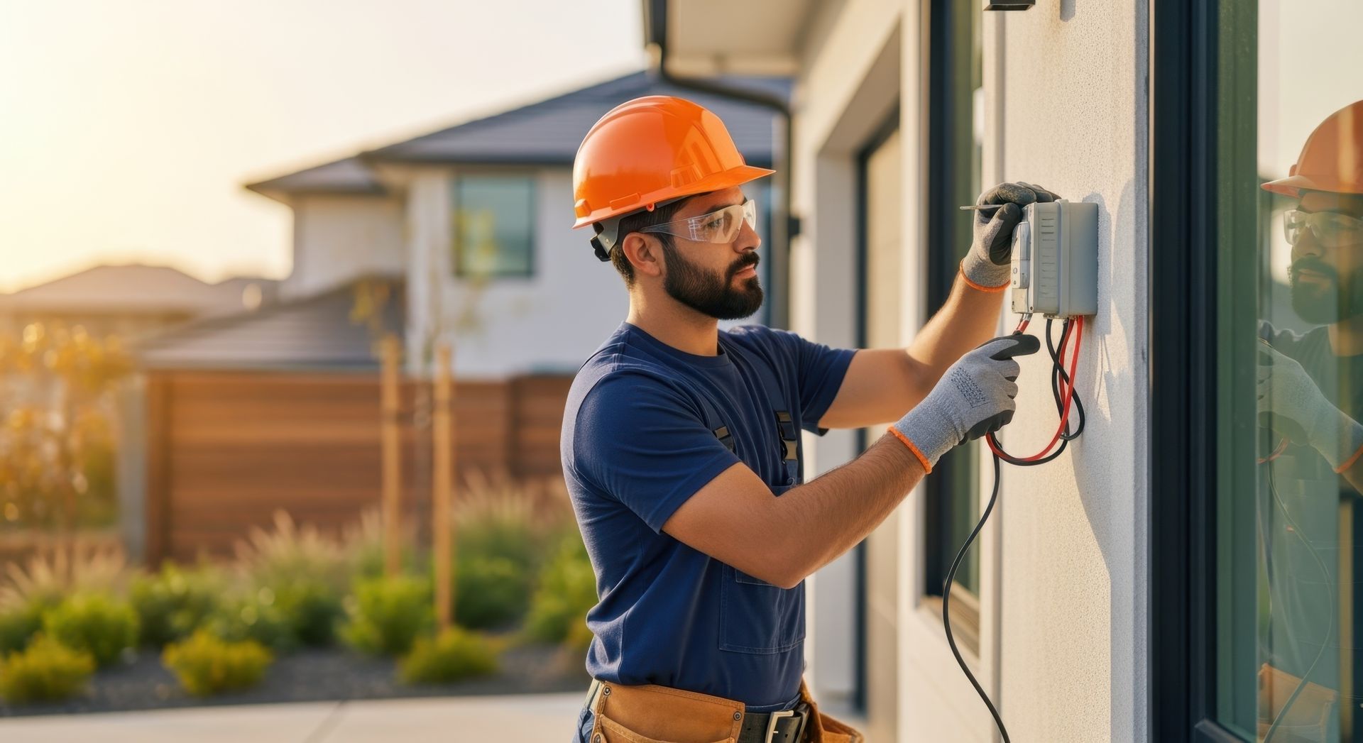 Expert technician performing outdoor electrical repairs on a residential power box. Expert technician performing outdoor electrical repairs on a residential power box.