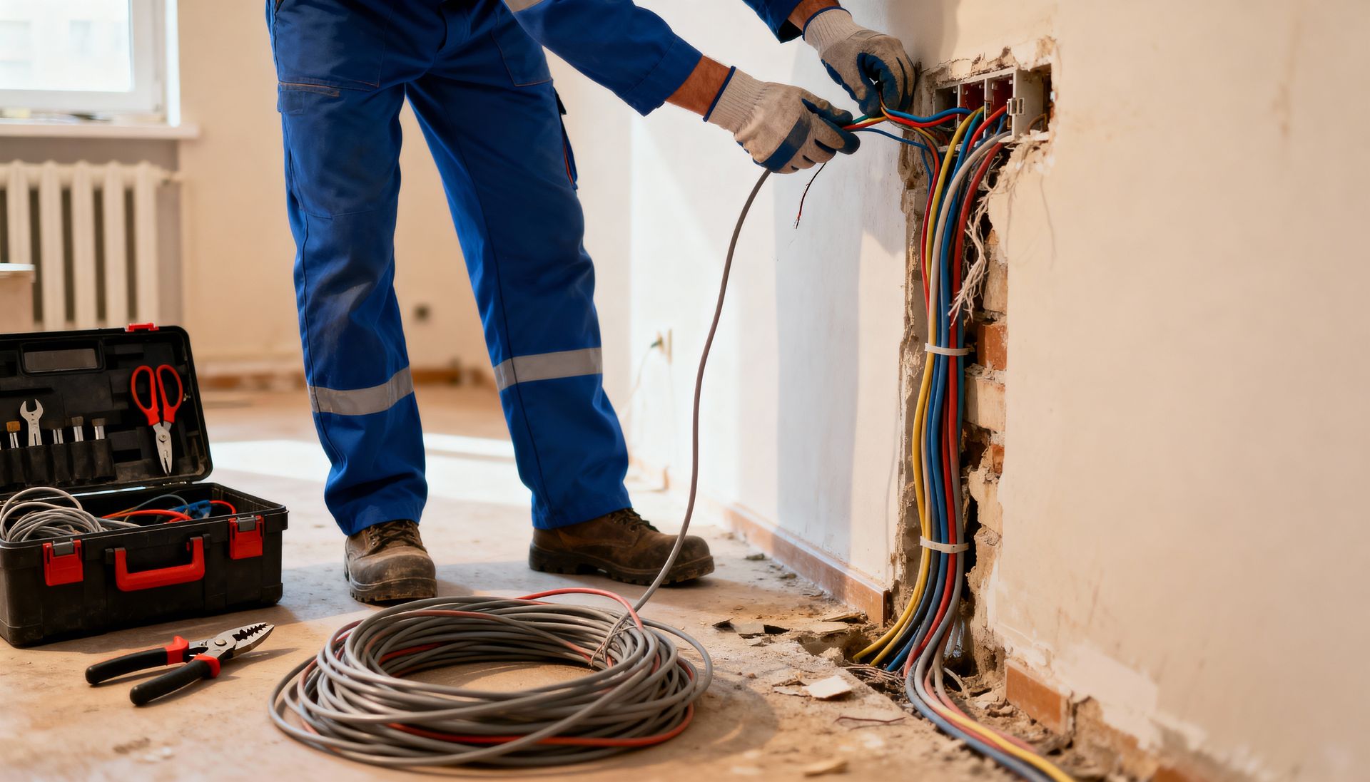 An electrician performing electrical repairs, wiring & installing new outlets in a home renovation. An electrician performing electrical repairs, wiring & installing new outlets in a home renovation.