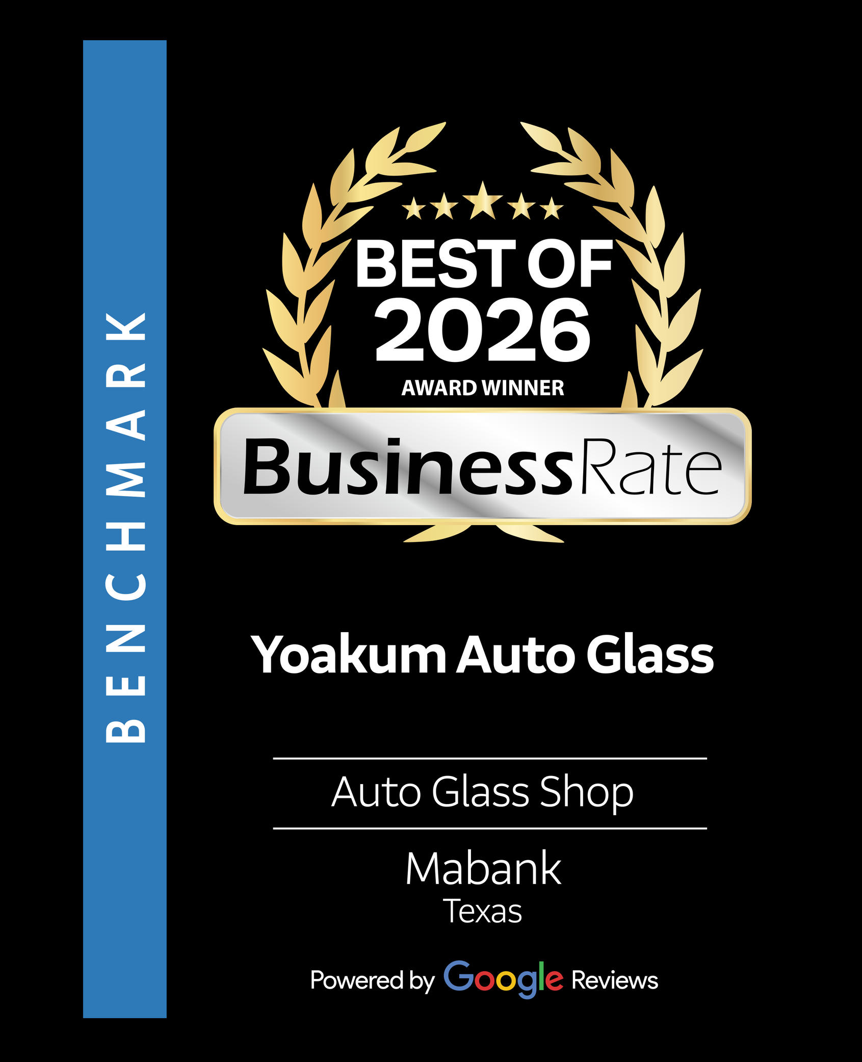 An award graphic for Yoakum Auto Glass, an auto glass shop in Mabank, Texas, named BusinessRate Best of 2026.