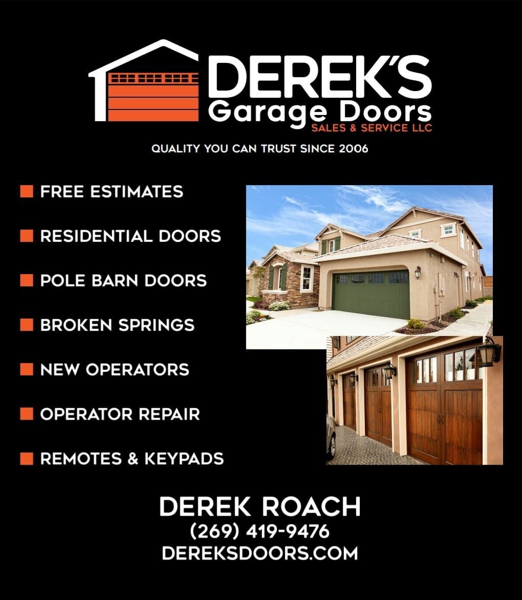 An advertisement for derek 's garage doors with a picture of a house