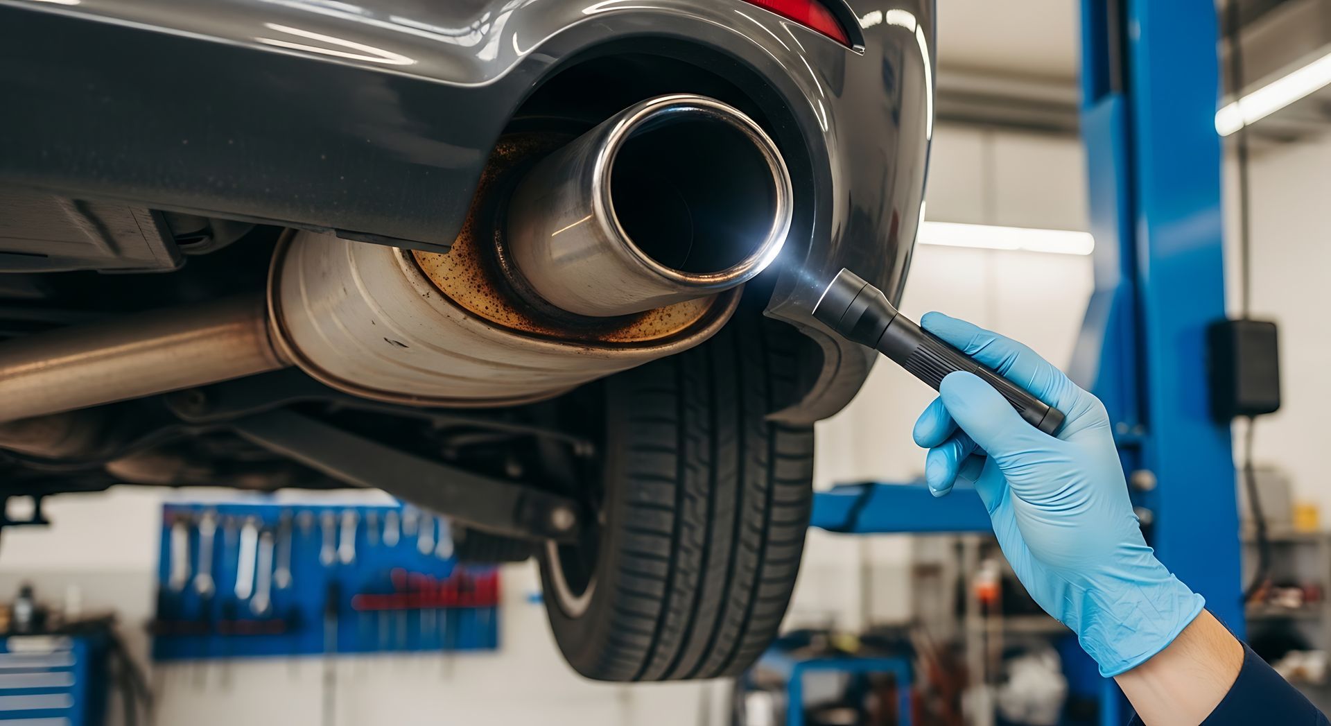 Expert auto muffler technician performing a vehicle exhaust system inspection with a flashlight