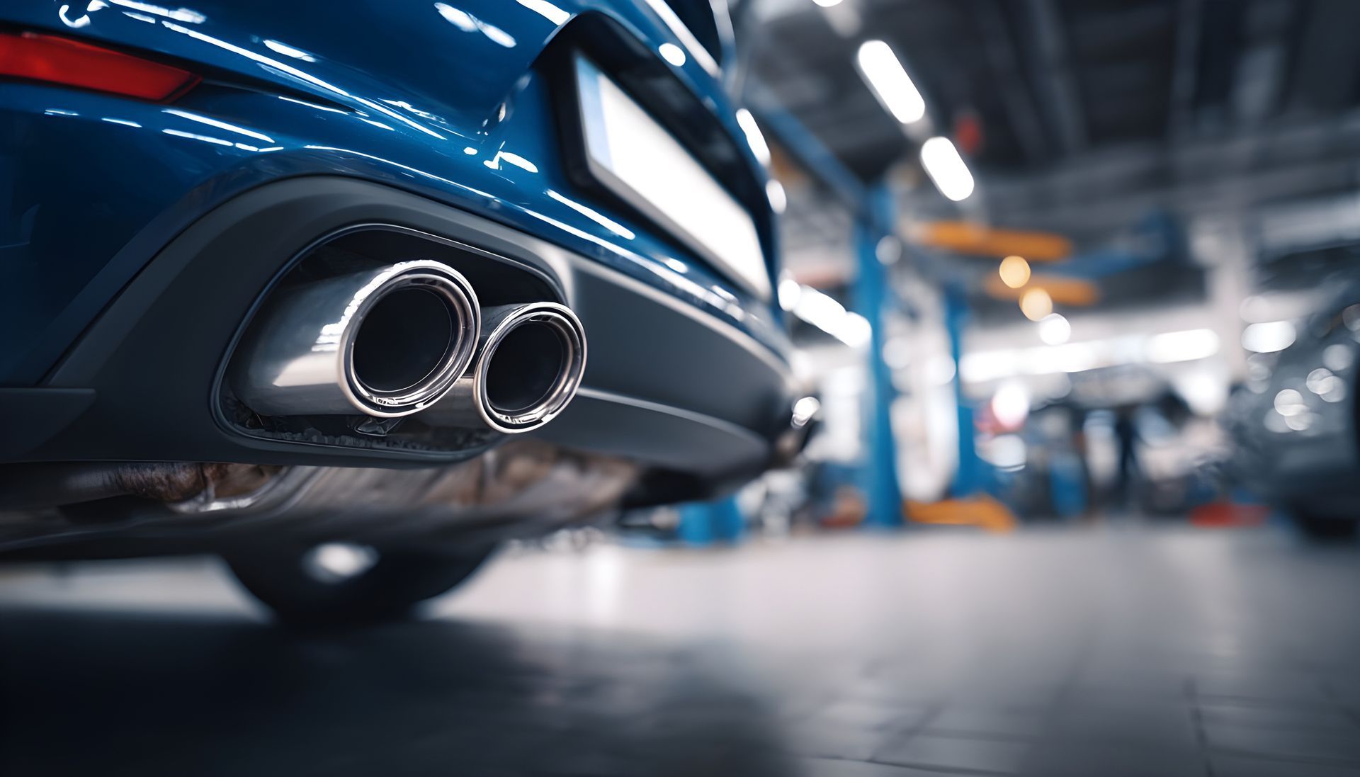Close-up of dual car exhaust pipes inside an auto repair shop.