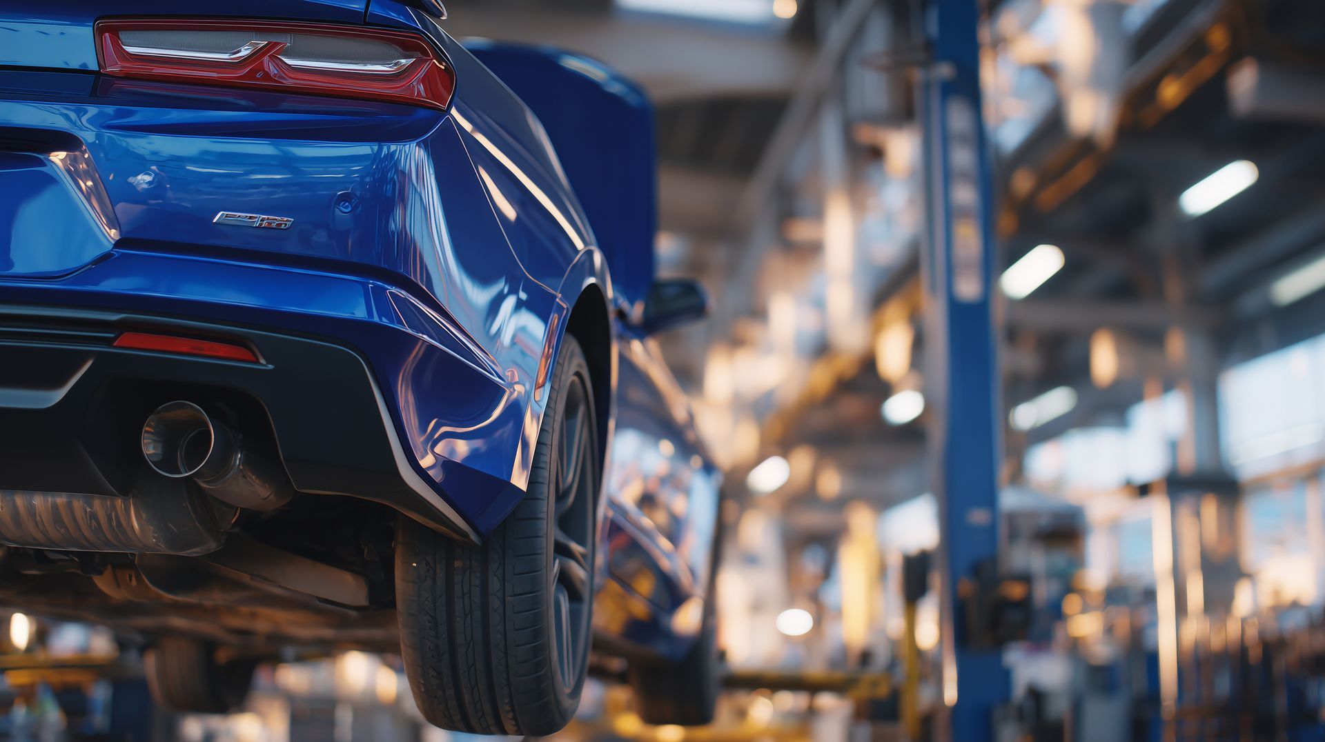 Blue car lifted in auto shop with hood open and tools in the background.