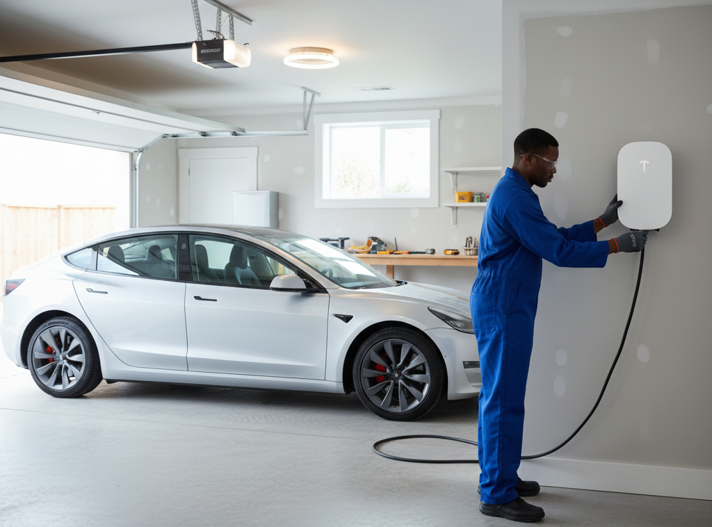 Person in blue jumpsuit installing an EV charger next to a silver car in a garage.