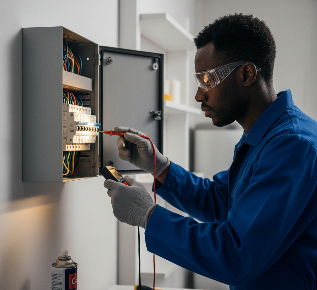 Electrician testing electrical panel with a multimeter; wearing safety glasses and gloves.