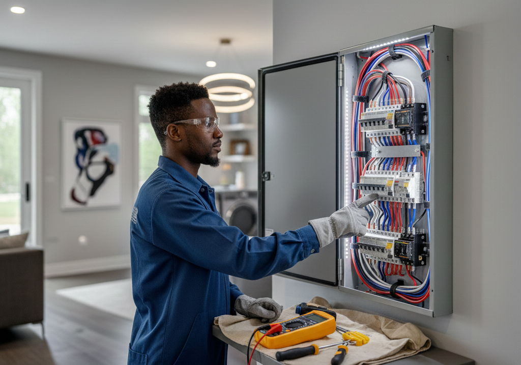 Electrician working on an electrical panel. He wears safety glasses and gloves, using tools. Interior setting.