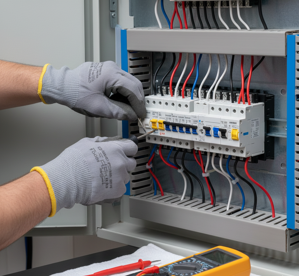 Electrician working with wires inside a gray electrical panel, wearing gloves; multimeter present.