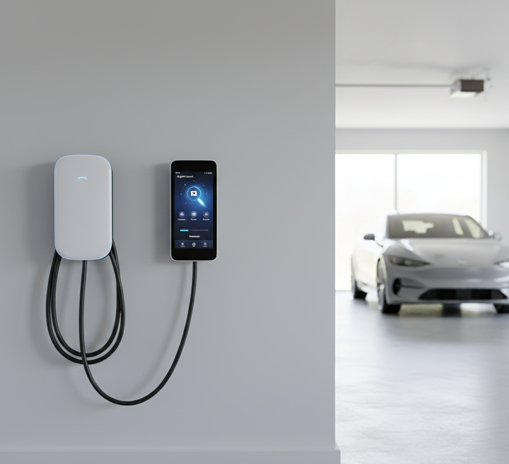 EV charger and control panel mounted on a gray wall in a garage, with an EV in the background.
