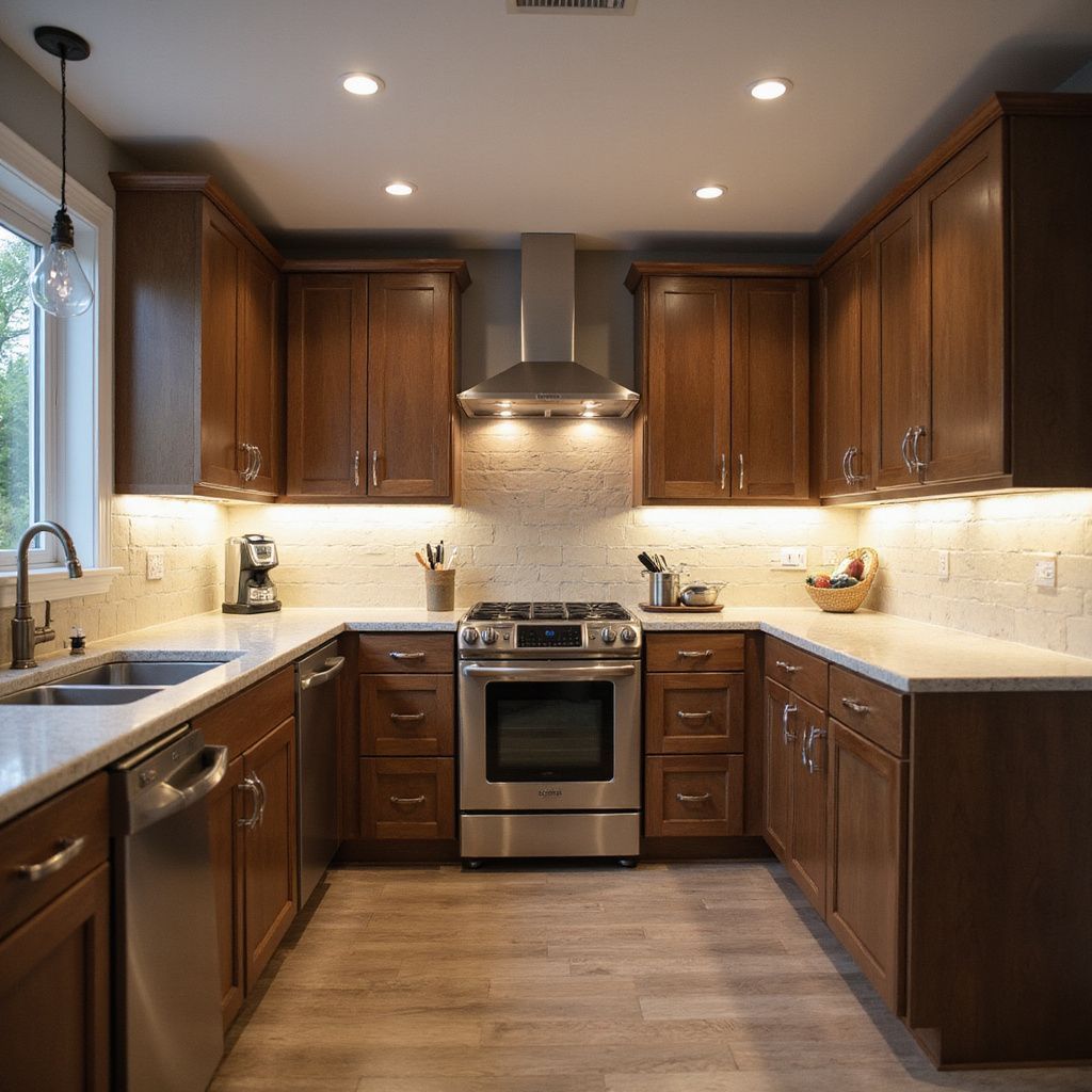U-shaped kitchen with brown cabinets, stainless steel appliances, and light-colored countertops.
