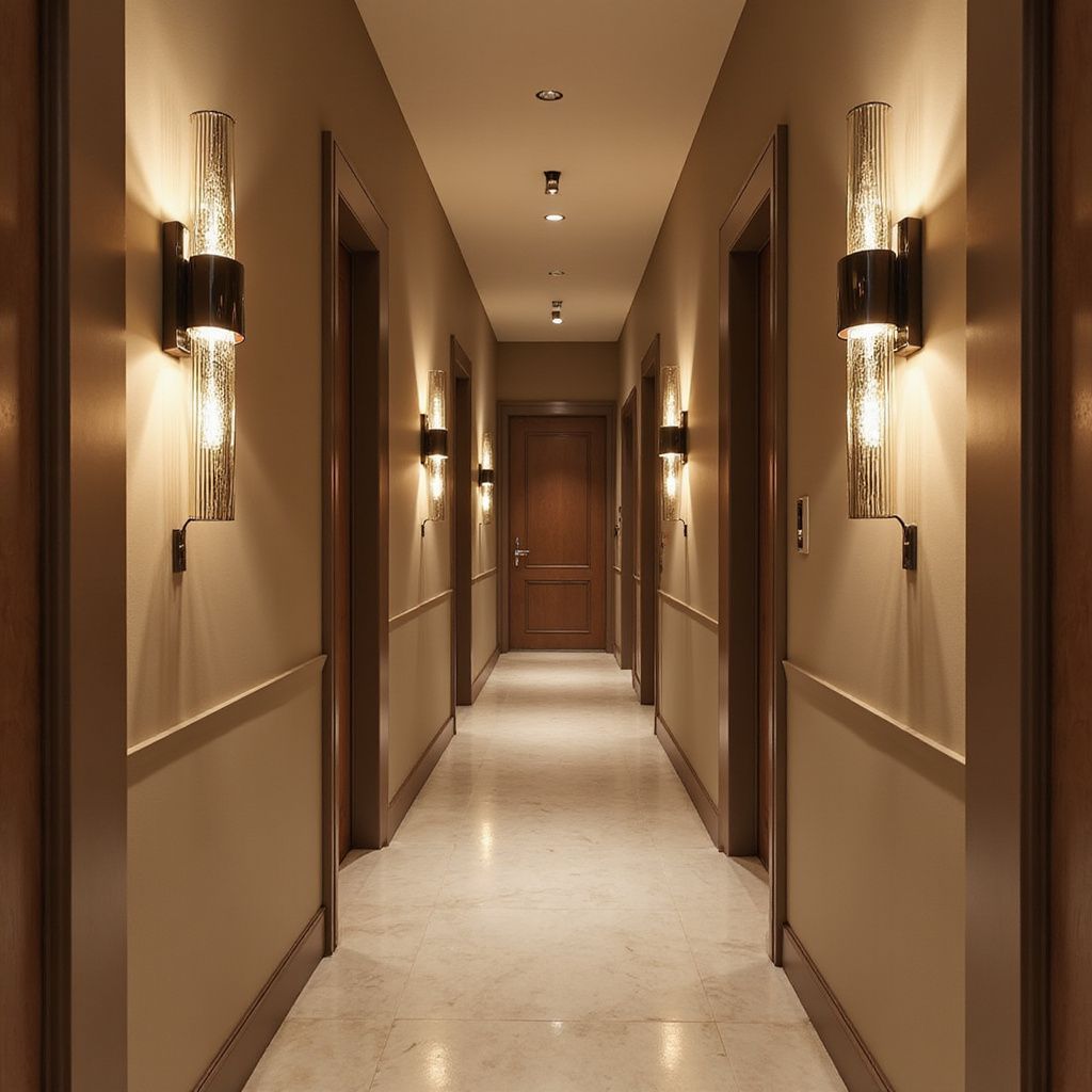 Long hallway with doors and wall sconces, lit with warm light.
