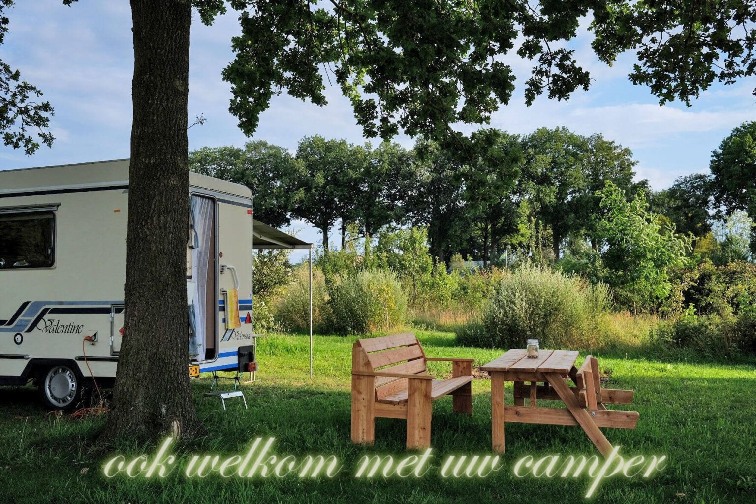 Camper geparkeerd onder een boom met houten meubels. Weelderig groene omgeving, zonnige dag. Tekst: 