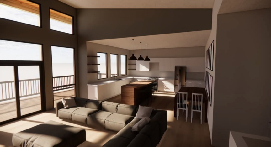 An artist 's impression of a living room and kitchen in a house.