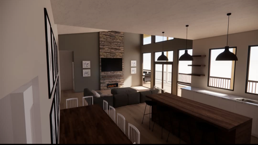 An artist 's impression of a living room and kitchen