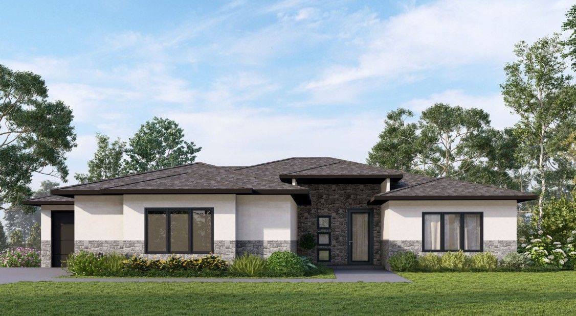 A 3d rendering of a house with a lot of windows and trees in the background.