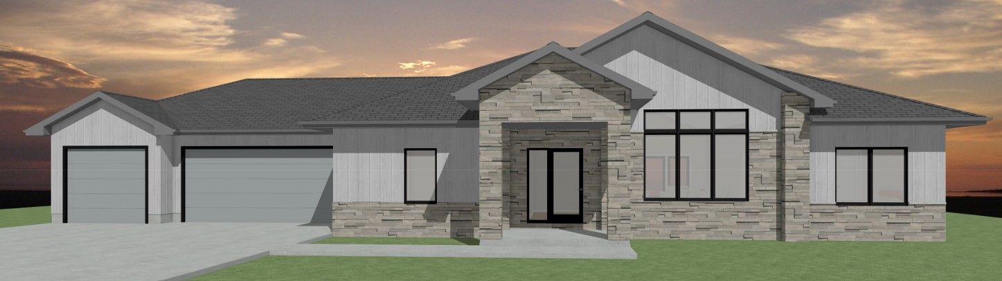 A computer generated image of a house with a sunset in the background.