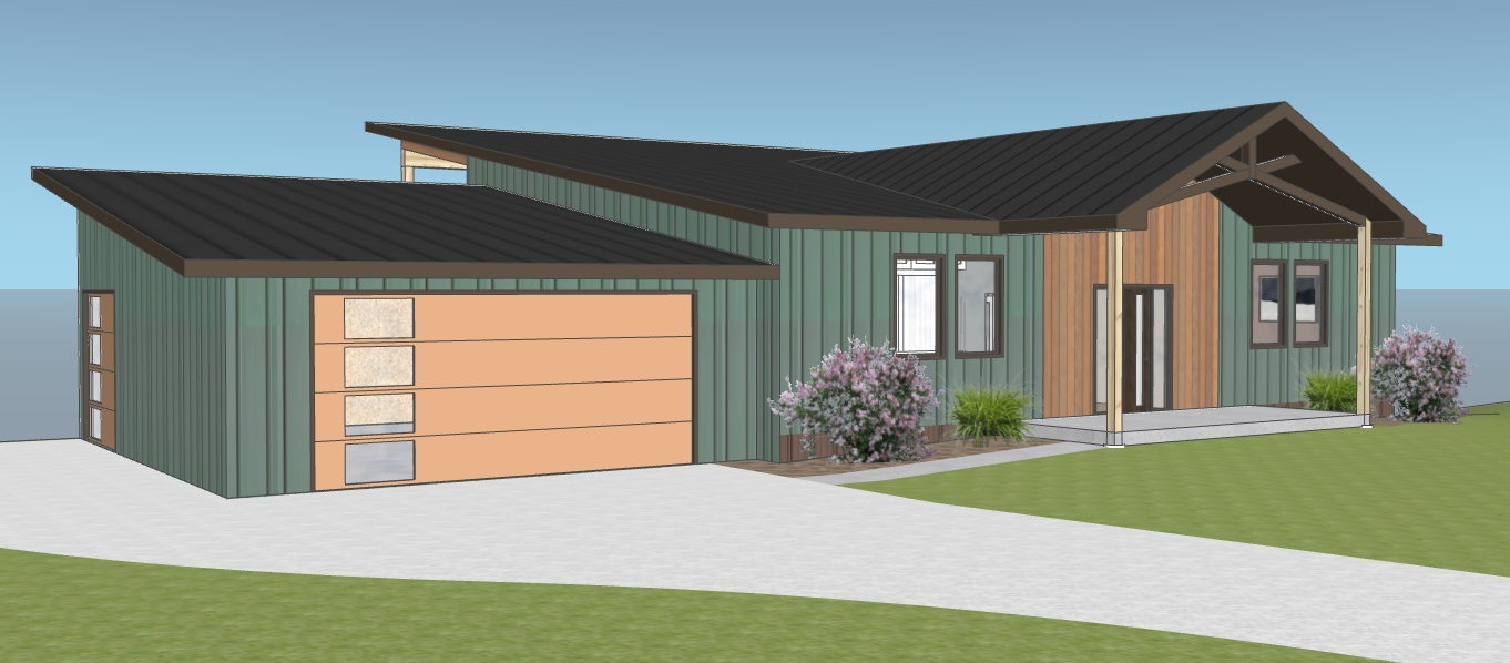 An artist 's impression of a green house with a garage